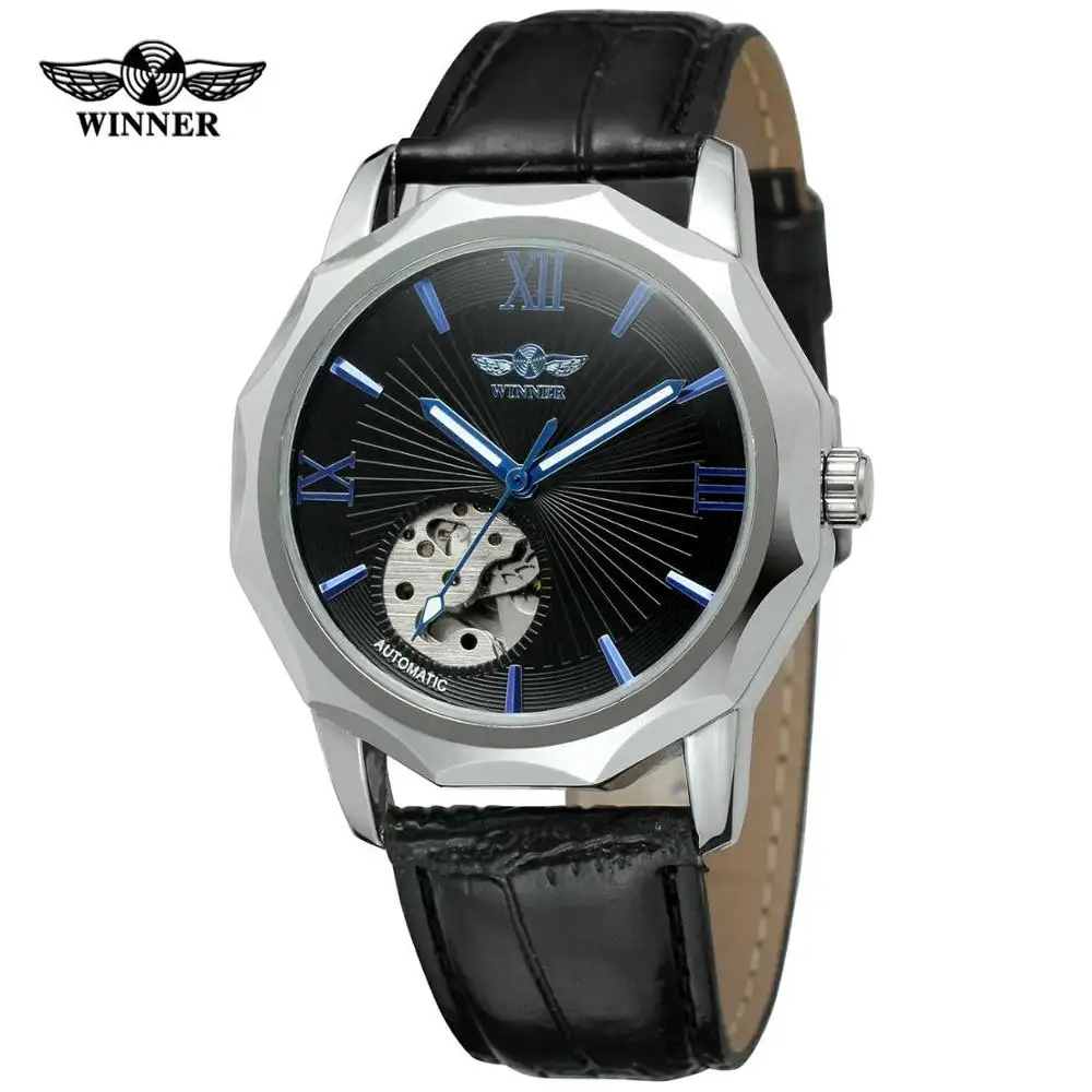 T-WINNER WATCH silver circle blue Roman Numerals black surface black leather strap men\'s automatic watch