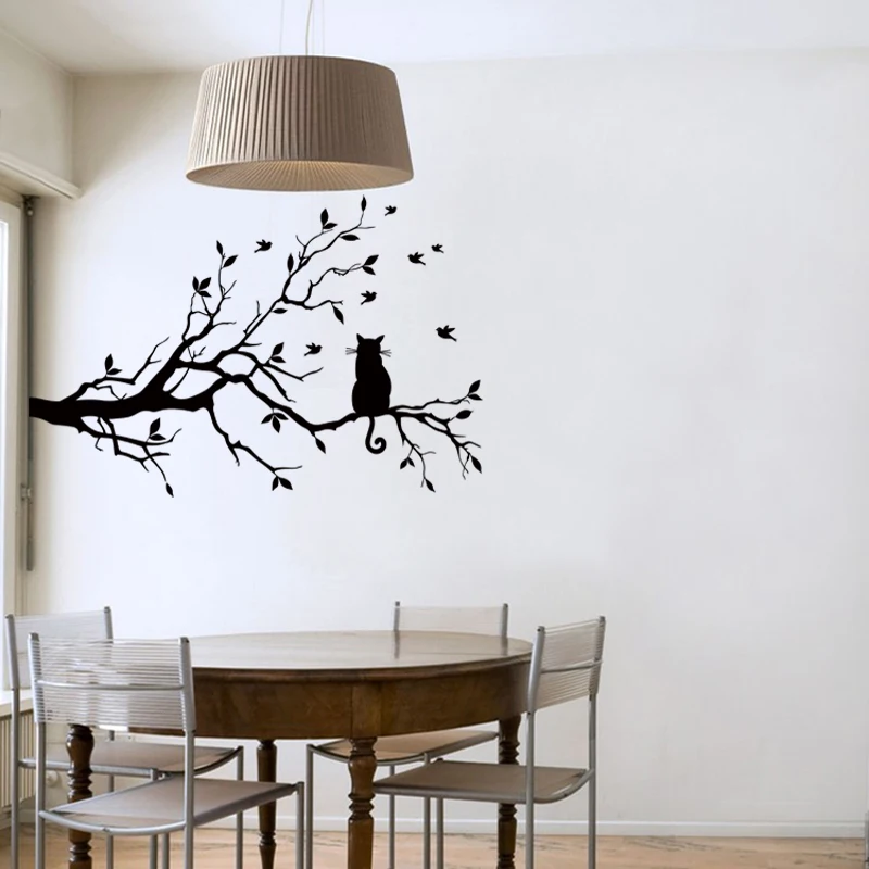 Cat On Tree Branch Birds Vinyl Wall Sticker Wall Art Decorative Stickers,Glass Window Sticker Kitchen Wall Stickers Home Decor