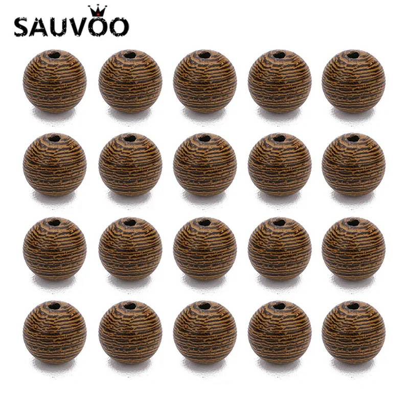 SAUVOO 100pc 8.5mm Fashion Natural Wooden Wenge Beads Brown Round Spacer Stripe Beads No Harm Beads for DIY Kid Jewelry Makings