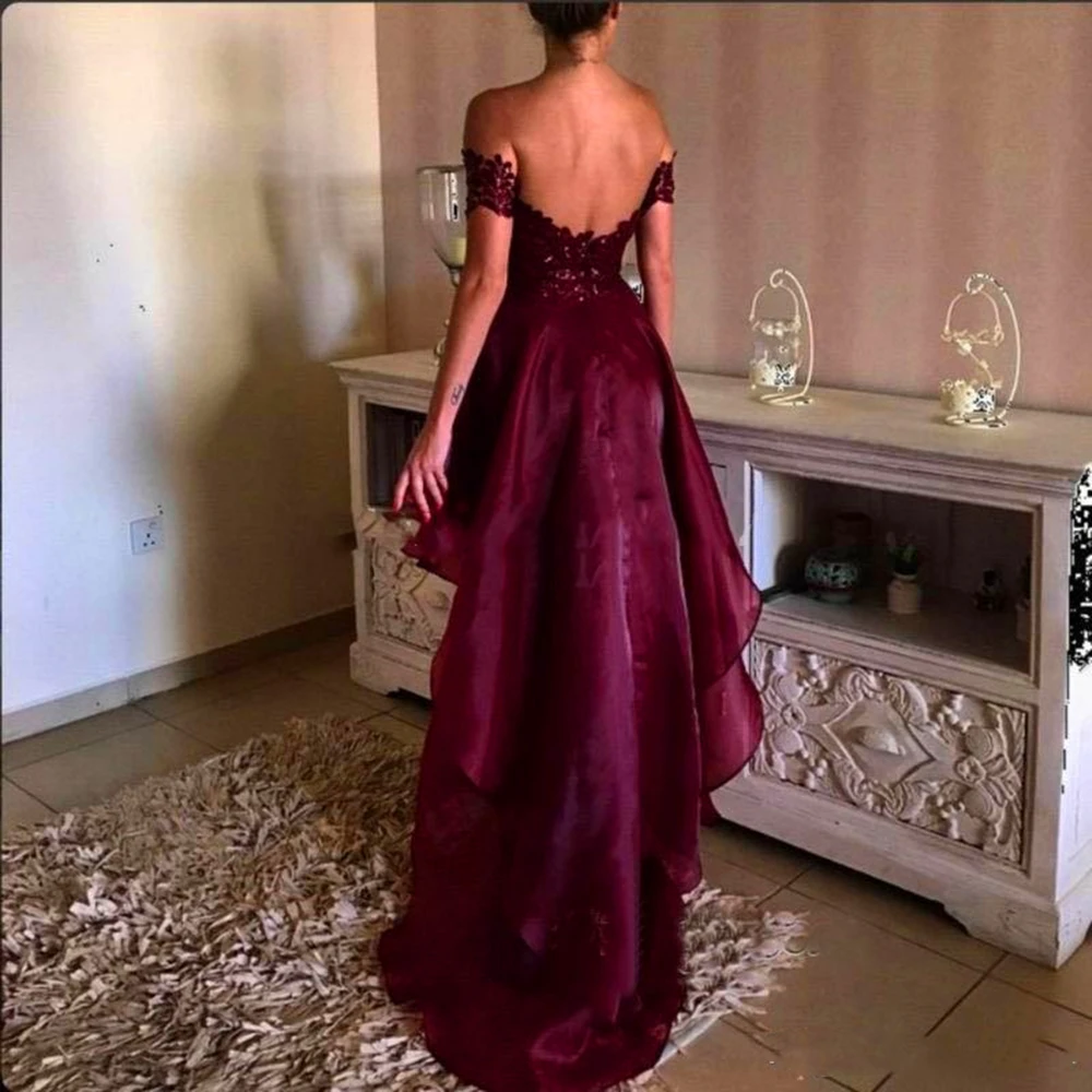 Burgundia Prom dresses Uit de Schouder Geappliceerd Kant Rode Wijn Hoog Laag Party Dress Graduation Backless Elegante Avondjurken