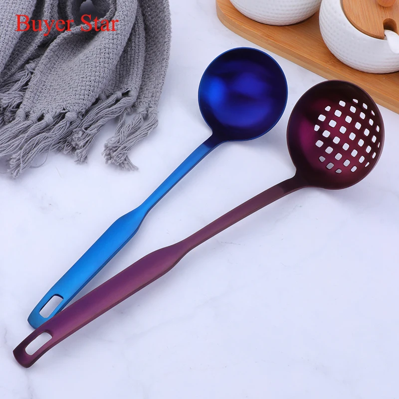 1PCS Long Handle Matt Blue Spoons Set Stainless Steel Gold Soup Ladle Spoon Colander Set High Quality Soup Spoons Kitchen Tools