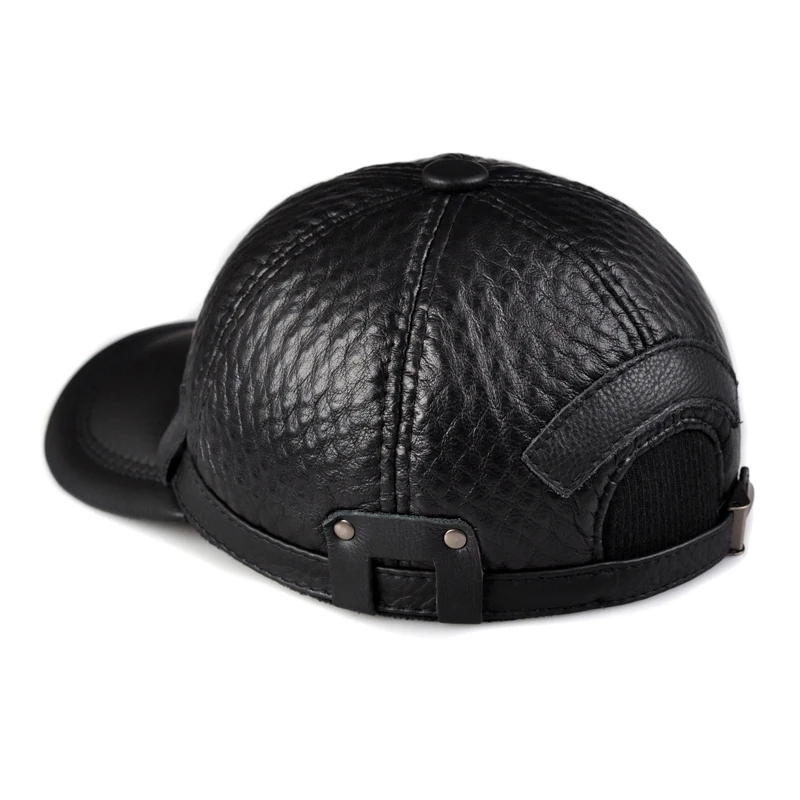 RY131 Male 2023 Spring/Winter Genuine Leather Cowhide Head Protection Baseball Caps Black Plaid Embossing Adjustable Hat For Man