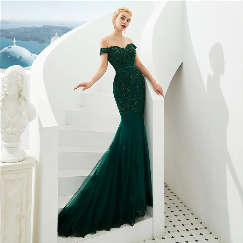 Vestido De noche De sirena verde oscuro, vestido De encaje con apliques De cuentas, con hombros descubiertos, 2022