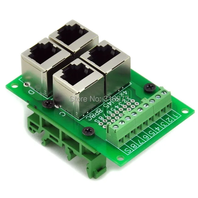 RJ45 8P8C 4-Way Buss Board Interface Module with Simple DIN Rail Mounting feet.