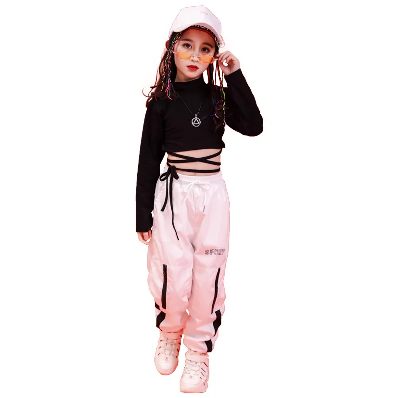 Ragazze Jazz Hip Hop costumi da ballo per bambini maglietta nera Crop top pantaloni Jogger sala da ballo spettacolo vestiti da ballo