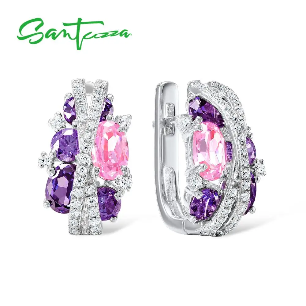 SANTUZZA 925 Silver Jewelry Set for Women Sparkling Purple Amethyst Pink Cubic Zirconia Earrings Ring Set Luxury Fine Jewelry