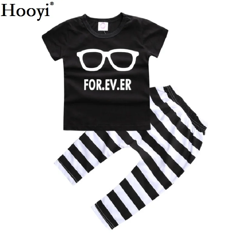 Hooyi 2018 Baby Boy Clothes Set Glass For Ever Children Black T-Shirt White Stripe Pant Suit Kids Outfit 100% Cotton Summer Tops