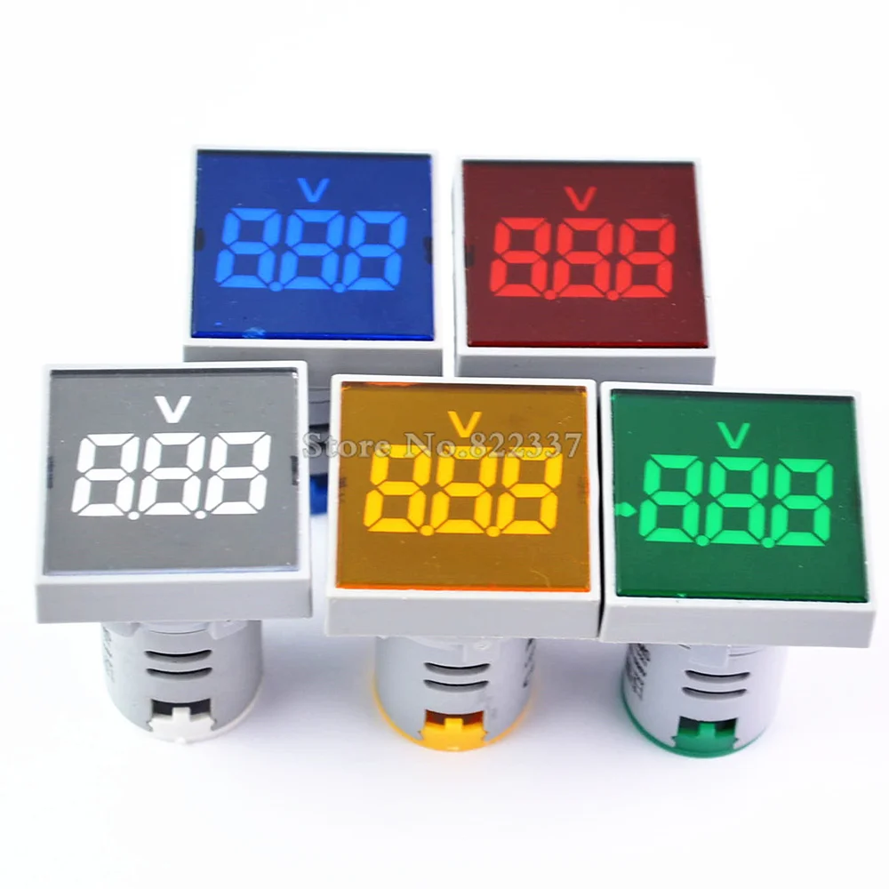 New Square 22MM AC 20-500V Voltmeter Panel LED Digital Voltage Meter Indicator Light Red Yellow