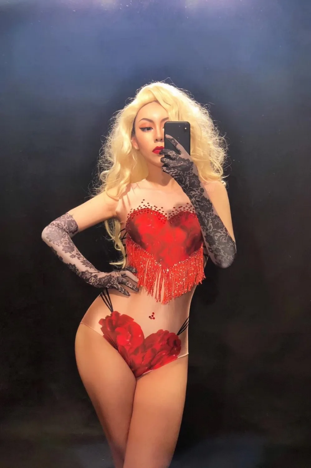 

Women New Sexy Red Tassel Crystlas Bodysuit Performance 3D Printing Flowers Nightclub Party Dancer Singer Stage Wear Costumes