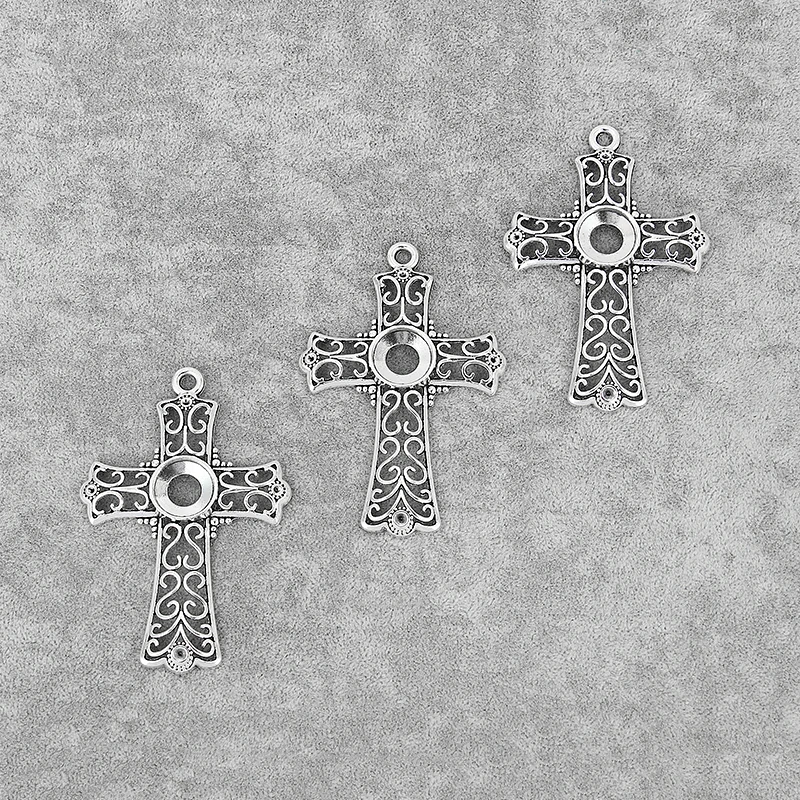 4PCS Hollow Open Filigree Cross Charms Pendants Blank 1.5mm/3mm/16mm Round Cameo Cabochon Settings