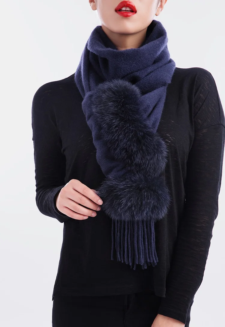 luxury scarf women ladies winter autumn spring wraps 100% pure cashmere real fox fur trim S23