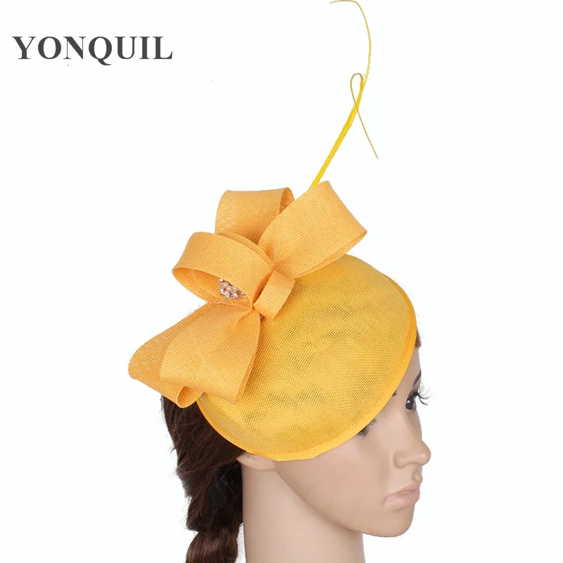 

Yellow Nice Imitation Sinamay Base Fascinator Hat with Feather for Wedding High Quality Derby Headpieces Race Headwear 15 Colors