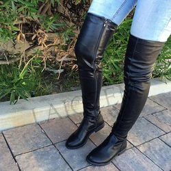 LAIGZEM Trendy Over Knee Women Boots Thigh High Side Zip Low Chunky Heels Faux Leather Shoes Botines Mujer Large Size 34-52