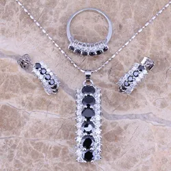 Fetching Black Cubic Zirconia White CZ Silver Plated Jewelry Sets Earrings Pendant Ring Size 5 / 6 / 7 / 8 / 9 / 10 / 11 S0157