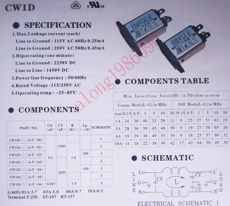 電源ライン用シャーシマウントemiフィルター,CW1D-10A-T,iec 320 c14,ac 115v,250v,10a yd