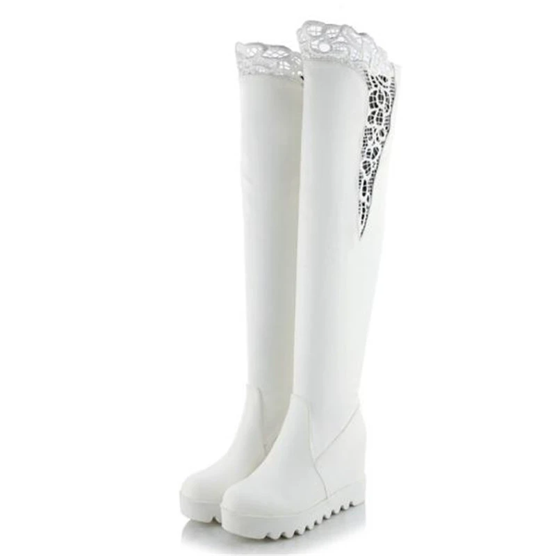 Stivali da donna autunno inverno nuovo stile moda sexy pizzo testa tonda sopra gli stivali al ginocchio Cashmere tenere al caldo stivali invernali