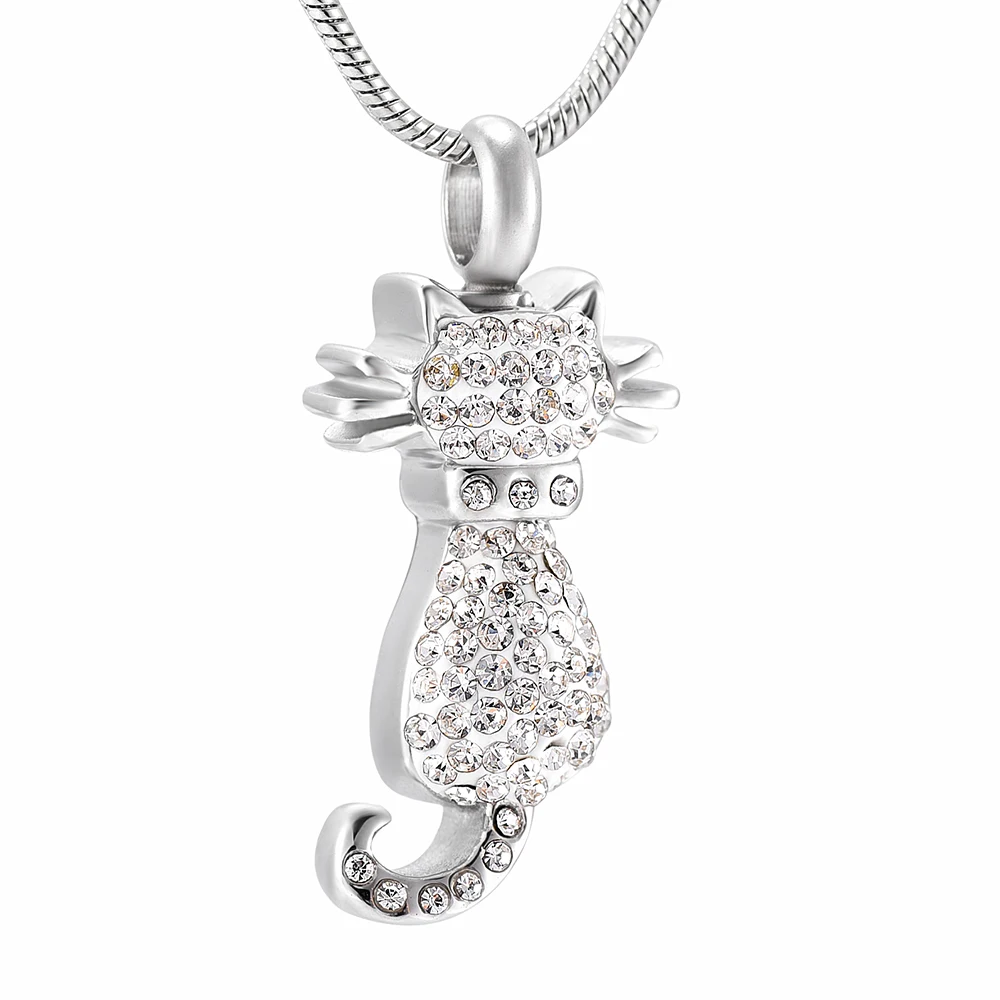 IJD9921 Crystal Back Memorial Cat Necklace Pet Stainless Steel Cremation Ashes Keepsake Urn Pendant Necklace Home Cat Jewelry