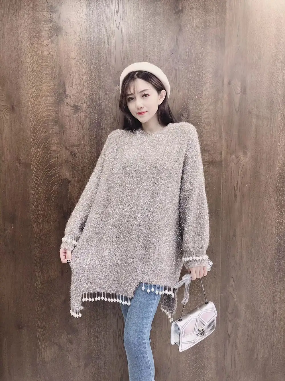 Cakucool New Silver Lurex Sweaters Women Pearl Beading Tassel Shiny Asymmetric Jumper Korean Cute Mid Long Sweaters Jersey Mujer