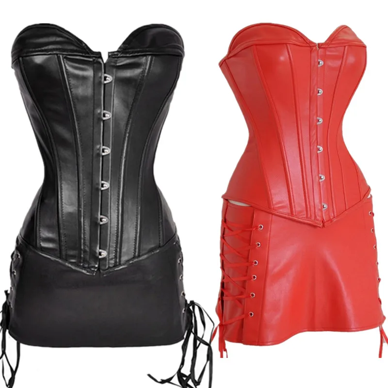 

Sexy Steampunk Corsets and Bustiers Gothic Overbust Corset with Mini Skirt Plus Size S-6XL Faux Leather Bustier Dress