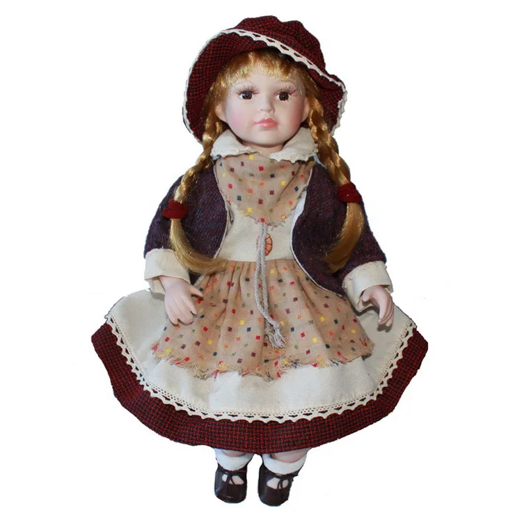 40cm brown plaid porcelain  girl doll European rural Field Village ceramic doll style home decoration Christmas gifts