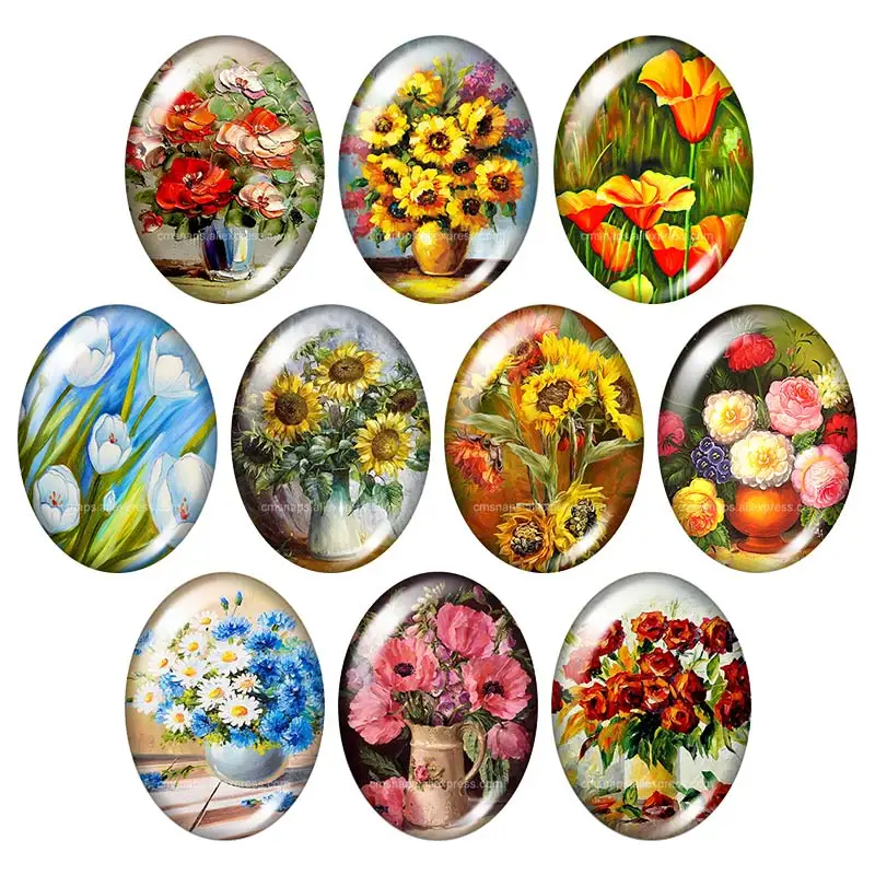 

Beauty Oil Painting Flowers 13x18mm/18x25mm/30x40mm mixed Oval photo glass cabochon demo flat back Jewelry findings TB0142