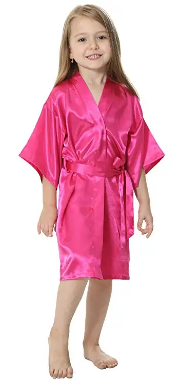 Kids Solid Satin Rayon Kimono Robe Bridesmaid Solid Bathrobe Children Nightgown Sleepwear Dressing Gown