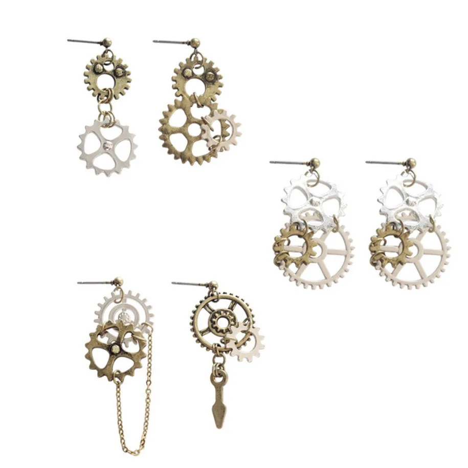 Antique Silver and Bronze Gears Asymmetric Steampunk Post Earrings