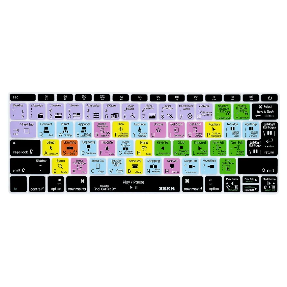 XSKN Final Cut Pro X 10 Hotkeys Keyboard Cover Skin for New Macbook 13 inch A1708 (Flat Key, No Touch Bar) and for 12 