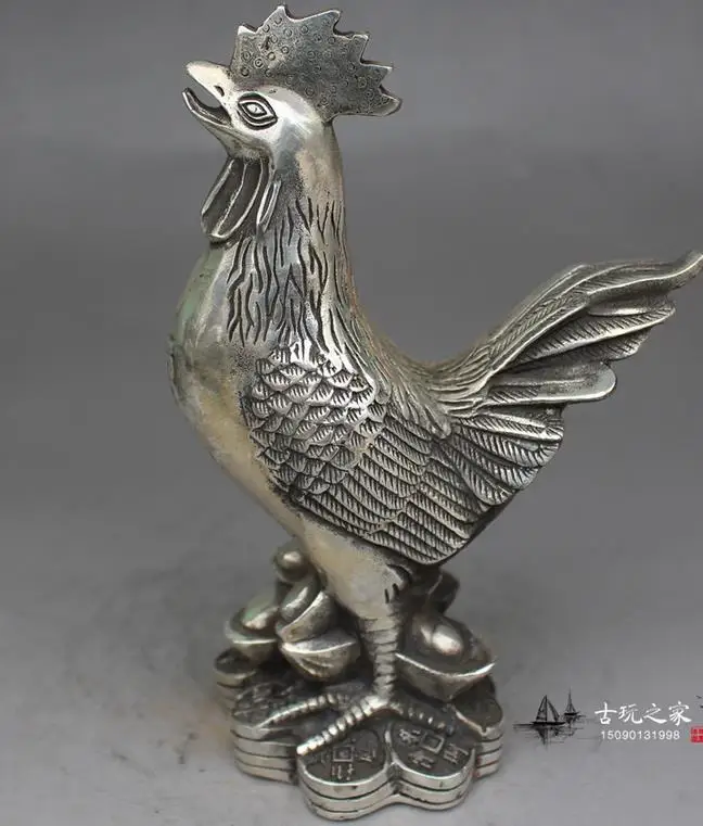 Very rare Qing Dynasty silve rooster statue,Free shipping