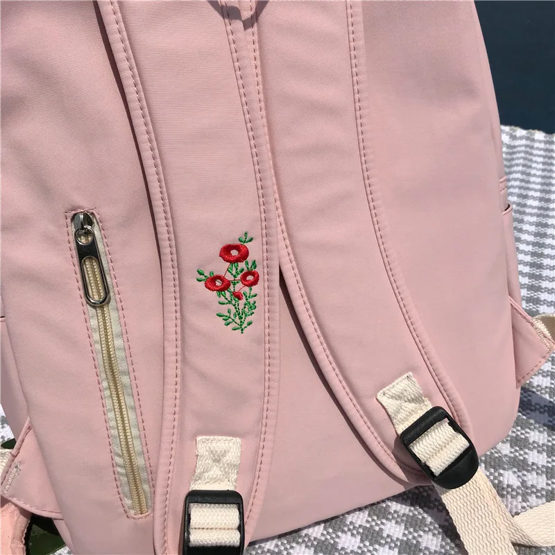 Cute Plain Nylon Backpacks for School Teenage Girls Korean Style Solid Color Embroidery Heart Pink Laptop Backpack Female Travel