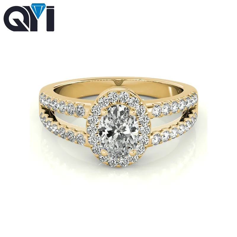 QYI 14k Yellow Gold Split Band Engagement Rings 3 Ct Oval Cut Women Moissanite Diamond Wedding Halo Ring