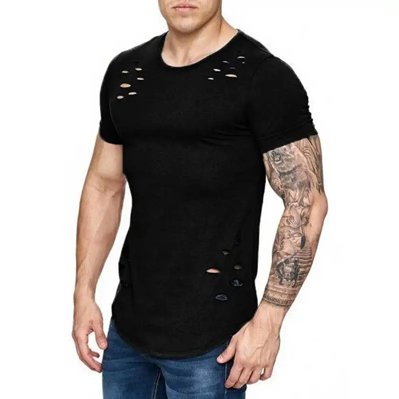 2023 New Summer Short Sleeve T Shirt Men Fashion Hole Designed Fitness T-shirt Solid Color Slim Fit Hip Hop men\'s tshirt  MY068