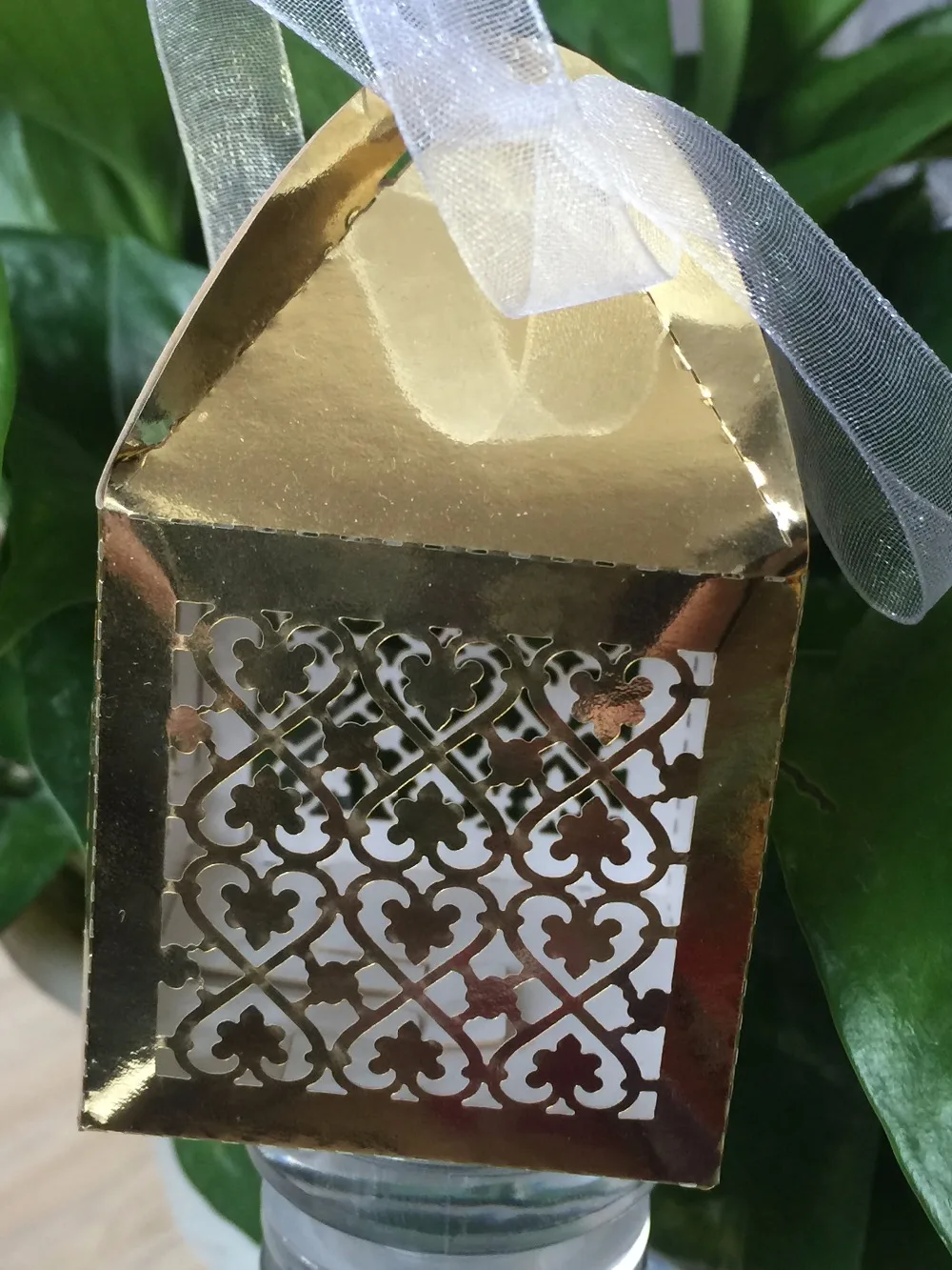 

Wedding Candy Packaging Boxes with Ribbon, Metallic Paper, Gold, Laser Cut, Party Gift Favor, 300PCs
