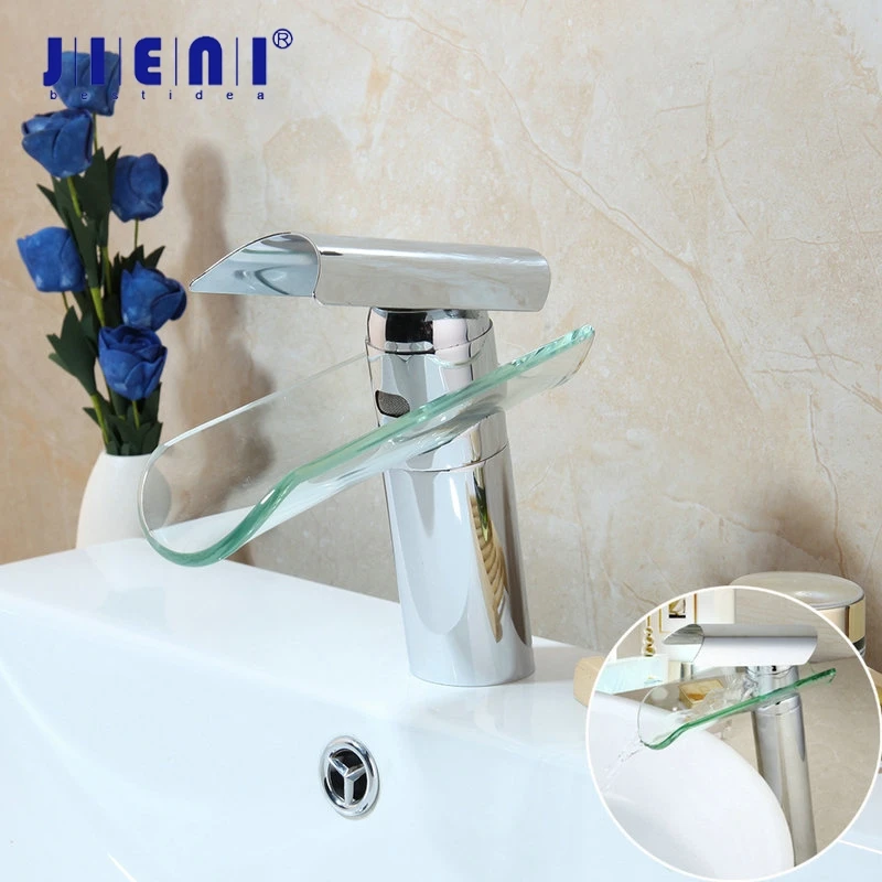 JIENI Solid Brass Bathroom Faucet Modern Glass Waterfall Chrome Brass Deck Mounted Bathroom Basin Sink Mixer Tap 