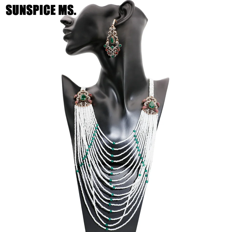 Sunspicems Turkish Women Bead Jewelry Sets Bride Multilayer Chain Necklace Flower Hook Earring Antique gold color Indian Bijoux