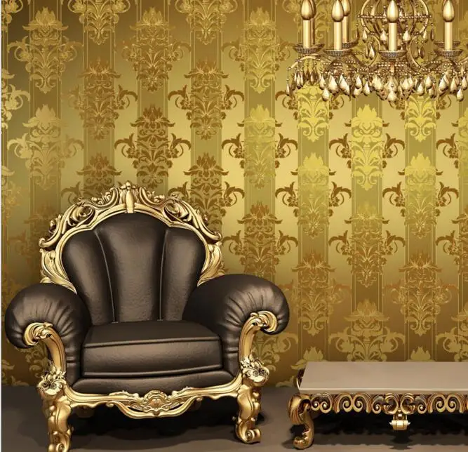 

High quality gold-foil PVC luxury damask stripe wallpaper for living room TV background