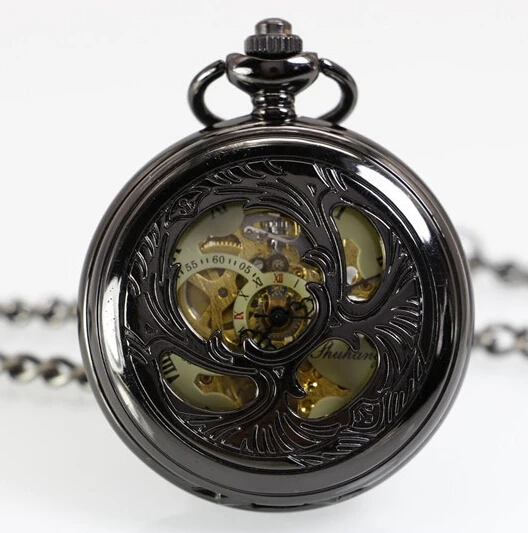 10pcs/lot Newest Antique Black Mechanical Hand-Winding Pocket Watch Necklace Chain XMAS Gift Mens Womens Watch Necklace