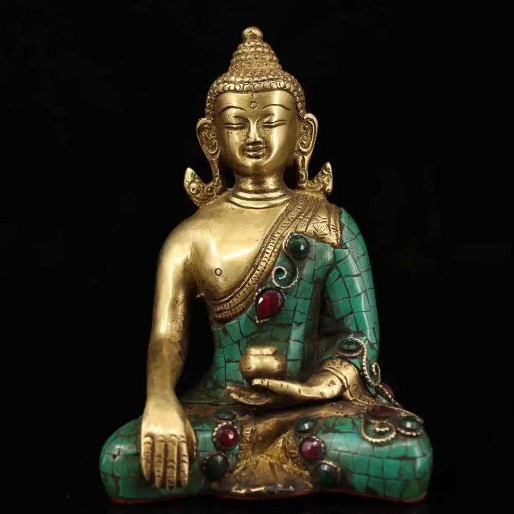 

Tibetan temples, old copper, handmade, inlaid with gems, painted gold, Sakyamuni Buddha