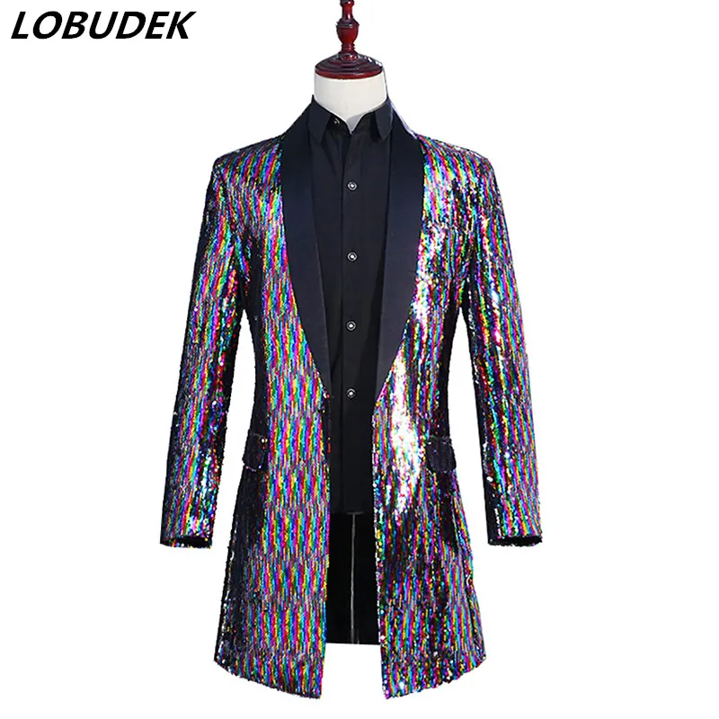 

Men Colorful Sequins Windbreaker Long Coat Nightclub Punk Singer Hip-Hop Dancer Stage Costume Bar Host Prom Performance Blazer