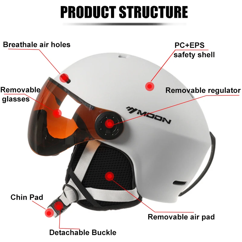 MOON Skiing Helmet Integrally-Molded PC+EPS High-Quality Ski Helmet Goggles Outdoor Sports Ski Snowboard Skateboard Helmets Mens