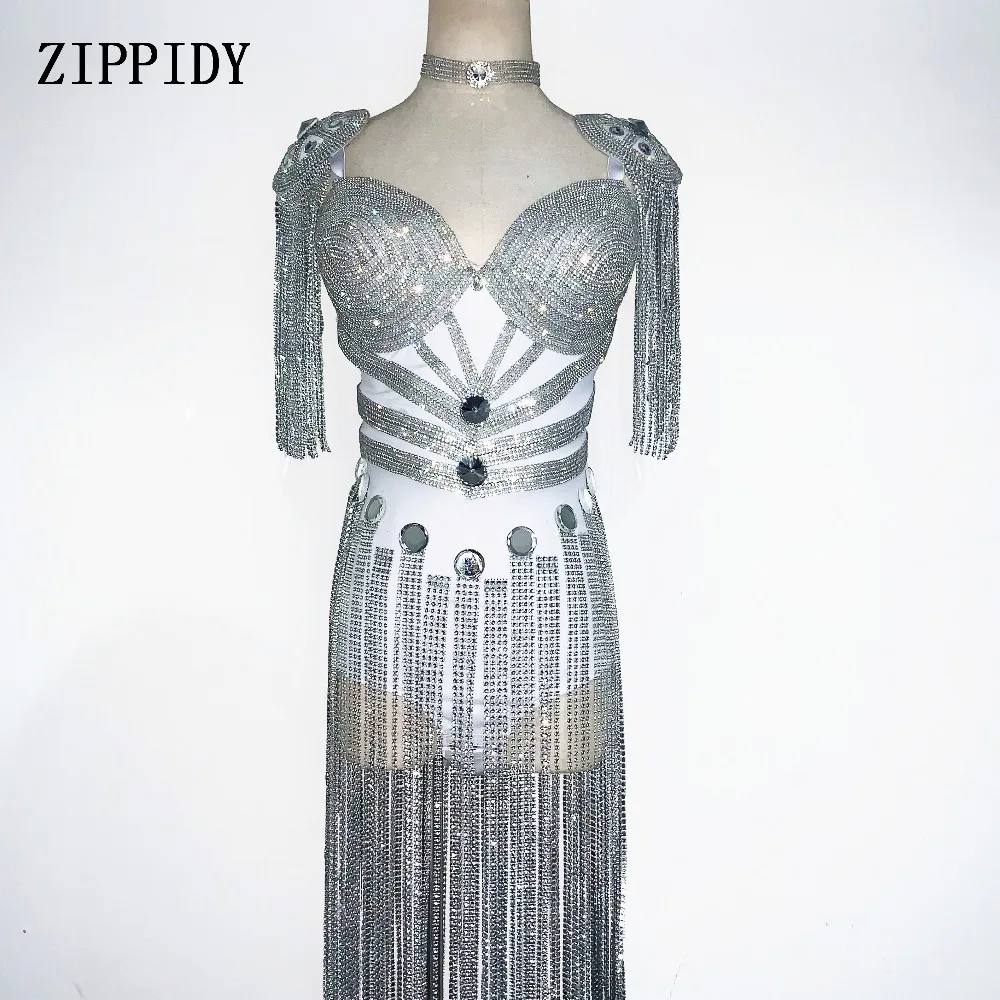 

Fashion Silver Rhinestones Fringes Leotard Sexy Stage Dance Bodysuit White Outfit Nightclub Performance Stones Bra Costume