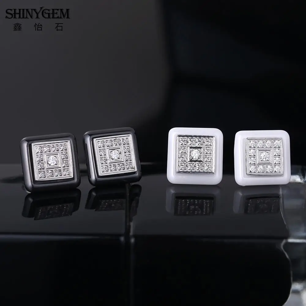 ShinyGem Black White Ceramic Stud Earrings Round/Square Stainless Steel Earrings AAA White Zircon Korean Earrings For Women 2020