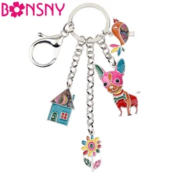 Bonsny Enamel Metal Chihuahua Dog Bird Flower House Key Chain Keychains Ring Bag Charms Car Holder Jewelry For Women Girls Gifts