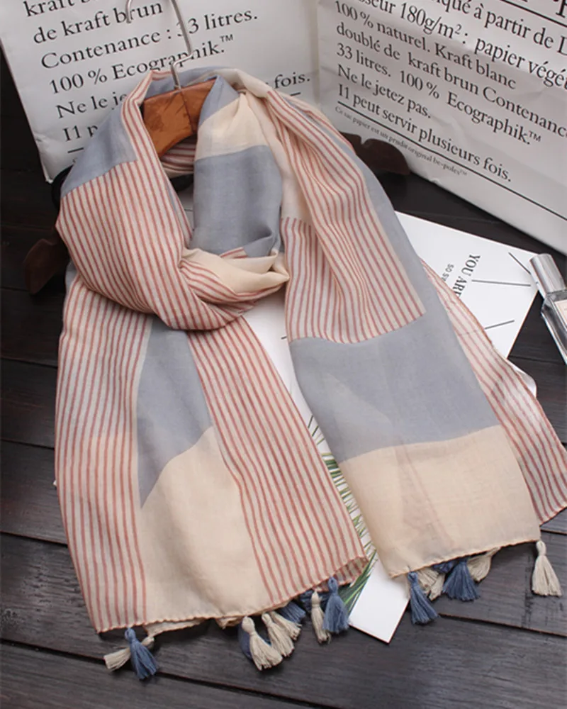 

New Women Stripe Pattern Scarves And Shawls Long Cotton Voile Plaid Tassel Hijab Wrap 10pcs/lot Free Shipping