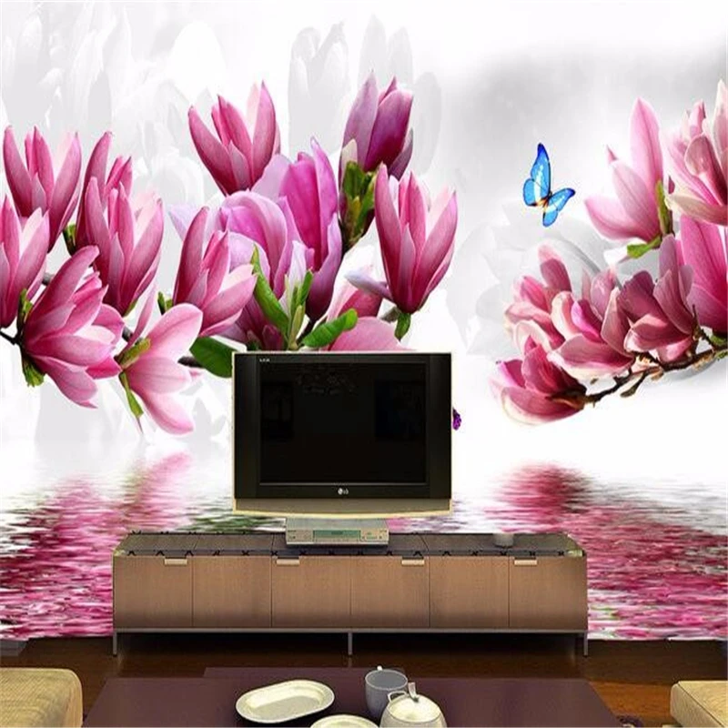 beibehang custom photo wallpaper backdrop Red magnolia flower butterfly room hotel Restaurant painting wall paper 3D flooring