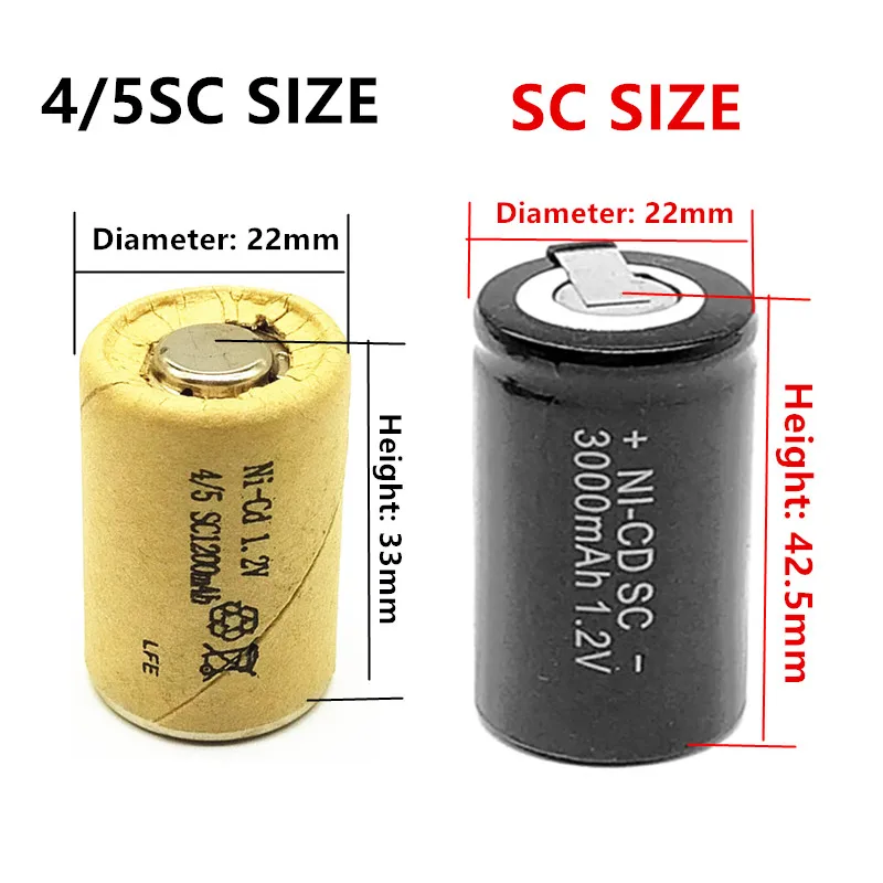 Bateria recarregável de 4/5sc 1.2v, 8/10/12/15 peças, 1200mah 4/5 sc sub c ni-cd célula com abas de soldagem para chave de fenda elétrica
