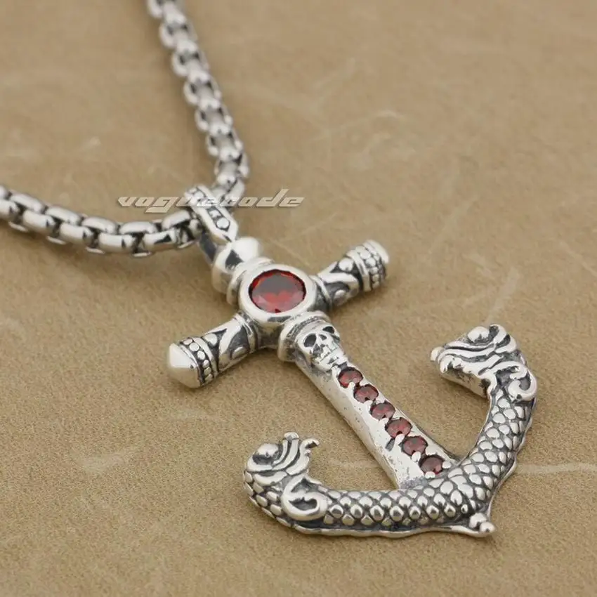 

925 Sterling Silver Skull Anchor Red CZ Stone Fashion Pendant 9J002