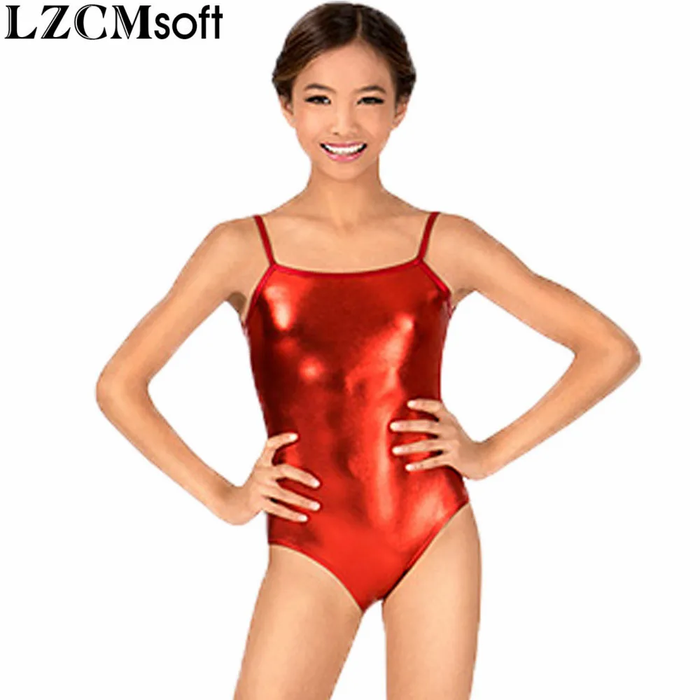 Lzcmsoft Goud Meisjes Spaghettibandjes Shiny Metallic Dance Turnpakje Childrens Hemdje Maillots Backless Ballet Tops Wear Peuters