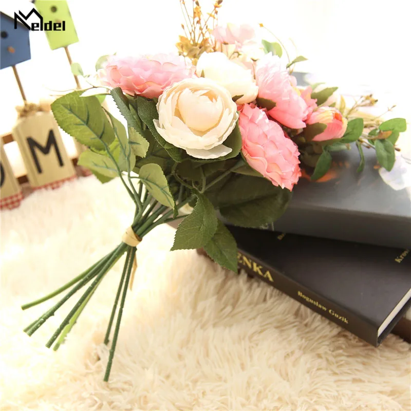 Meldel Wedding Bouquet เจ้าสาว Bridesmaids ช่อแชมเปญแต่งงานผ้าไหมประดิษฐ์ Rose Home Decor อุปกรณ์จัดงานแต่งงาน