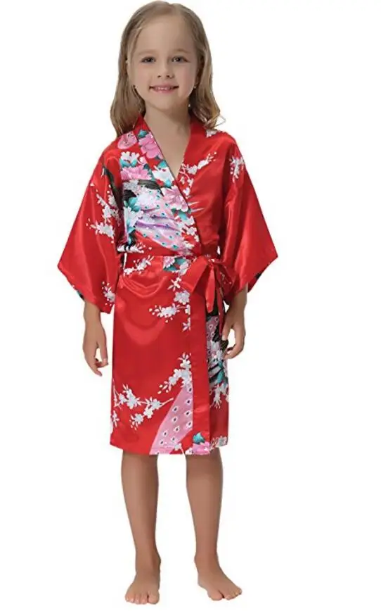 Kids Robe Satin Children summer Kimono Bath Robes Bridesmaid Flower Girl Dress Silk children\'s bathrobe Nightgown Peacock robe